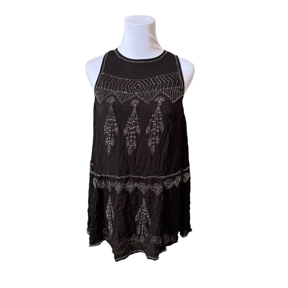 Free People Black Embellished Gauze Peasant Beads Sleeveless Tank Blouse XS NWOT
